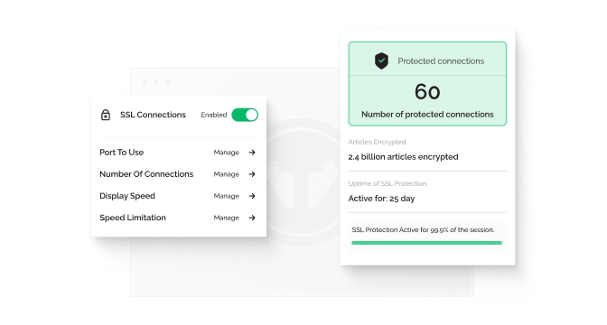 A popup box showing that SSL connections are enabled next to another one that shows 60 connections are protected with 2.4 billion encrypted articles.