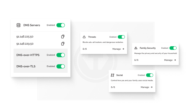 A popup box showing that DNS servers have been enabled. There are also three additional popups showing that Threats defense, Family Security, and Social protections are enabled.