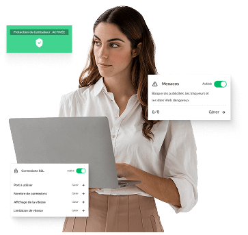 Une femme aux cheveux noirs, vêtue d’une chemise blanche et d’une jupe beige, travaille sur un ordinateur portable en bénéficiant de la sécurité Tweaknews. Elle est entourée de fenêtres contextuelles montrant l’activation du Contrôle des réseaux sociaux, des Menaces et des Connexions SSL.