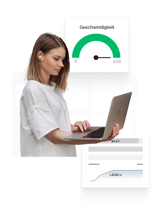 Eine Frau in einem weißen T-Shirt hält einen Laptop und trägt Airpods. Ein Pop-up-Fenster hinter ihr weist auf eine Geschwindigkeit von 100 % hin und ein weiteres vor ihr zeigt den Fortschritt der Datenübertragung an.