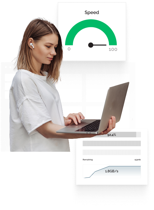 A woman in a white t-shirt is holding a laptop and wearing Airpods. There is a popup behind her that indicates 100% speed and one in front of her showing the progress of data transfer.