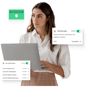 Eine dunkelhaarige Frau in einem weißen Hemd und beigem Rock arbeitet an einem Laptop und profitiert von der Sicherheit von Tweaknews. Sie ist von Pop-up-Fenstern umgeben, die die Aktivierung von Social-Media-Kontrolle, Bedrohungen und SSL-Verbindungen anzeigen.