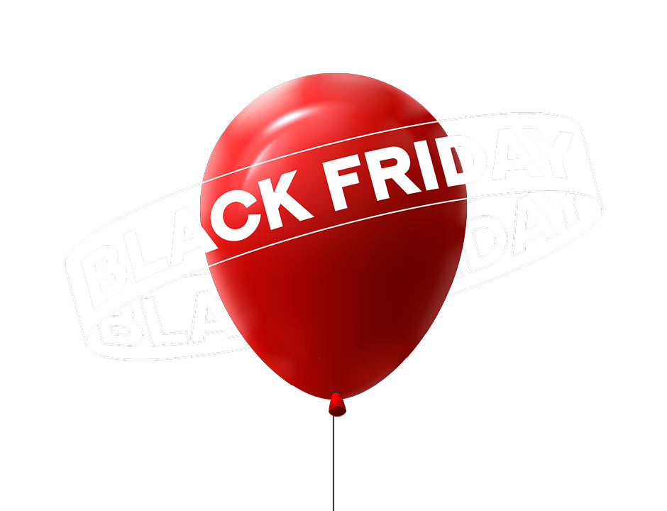 A red balloon with a banner reading "Black Friday" circling around it.
