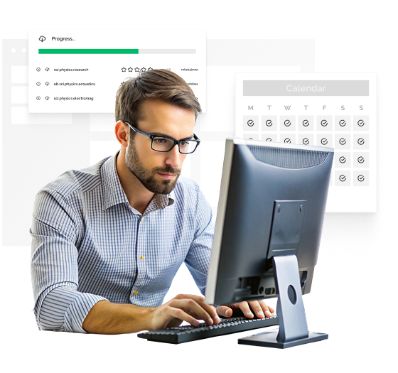 A man with black glasses and a striped blue and white shirt is sitting in front of a desktop. Behind him is a floating box that says "Progress" and lists several newsgroups as well as a calendar.