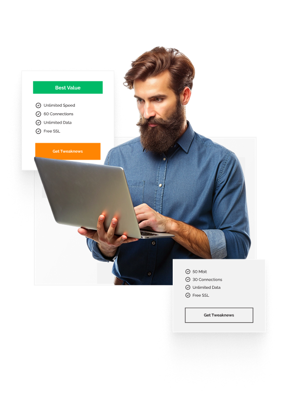 A man with a rather spectacular beard and mustache is holding a laptop and focusing on his Tweaknews activity. A box behind him shows that it is the best value subscription and one in the front shows another plan and its features.