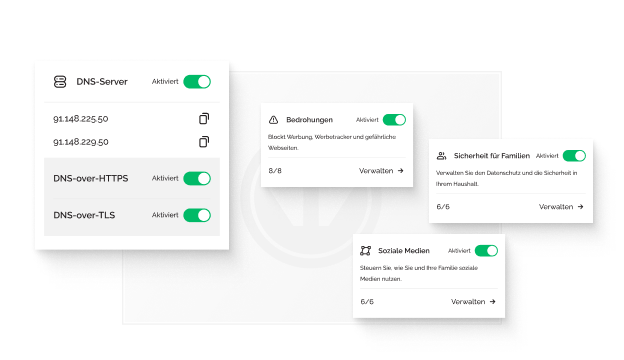 Ein Pop-up Fenster das anzeigt, dass die DNS-Server aktiviert wurden. Außerdem gibt es drei weitere Pop-up Fenster, die anzeigen, dass der Schutz vor Bedrohungen, der Familienschutz und der Jugendschutz aktiviert sind.