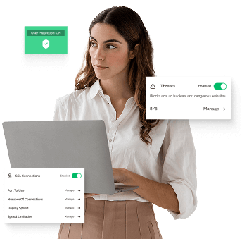 A dark haired woman in a white button down shirt and beige skirt is working on a laptop benefitting from Tweaknews security. She is surrounded by popup boxes that show activation for Social Media Control, Threats, and SSL Connections.