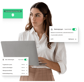 Een donkerharige vrouw in een wit overhemd en beige rok werkt op een laptop en profiteert van de beveiliging van Tweaknews. Ze wordt omringd door pop-upvensters die de activatie tonen van Sociale media controle, Bedreigingen en SSL-verbindingen.