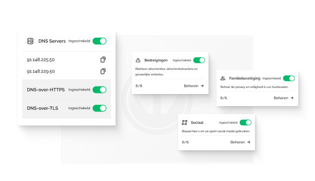 Een pop-upvenster laat zien dat DNS servers zijn ingeschakeld. Er zijn ook drie extra pop-ups die laten zien dat Bedreigingsbeschermingen, Familie beveiliging en Social bescherming zijn ingeschakeld.