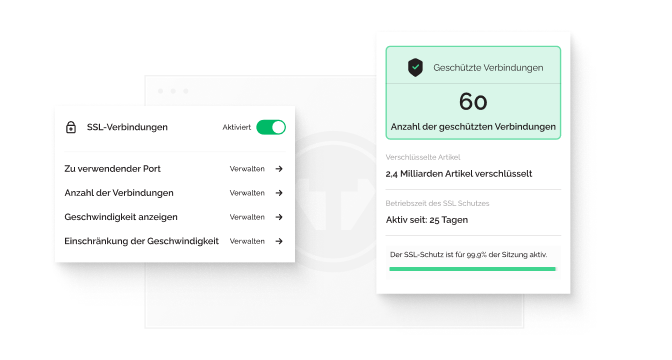Ein Popup zeigt, dass SSL-Verbindungen aktiviert sind, neben einem weiteren, das anzeigt, dass 60 Verbindungen mit 2,4 Milliarden verschlüsselten Artikeln geschützt sind.