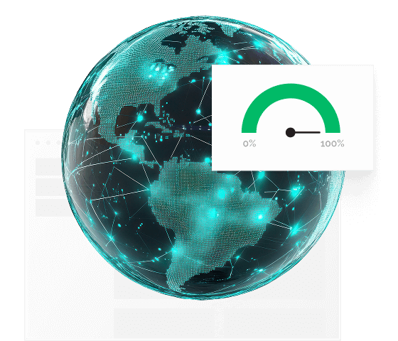 Un globe vert avec des lignes représentant le réseau Usenet de Tweaknews. Devant lui se trouve une fenêtre contextuelle avec un compteur allant de 0 à 100.