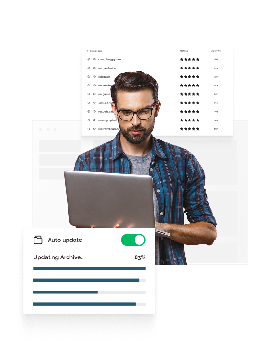 A man swearing a blue flannel shirt is holding a laptop with one arm and typing on it with the other hand. There is a popup behind him showing several newsgroups and one in front of him showing that auto update is enabled and 83% finished.