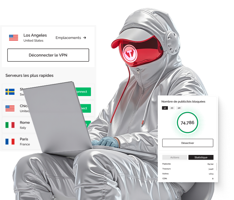 Une personne en combinaison argentée couvrant tout son corps travaille sur un ordinateur portable, regardant à travers une visière rouge reflétant le logo Tweaknews. Derrière elle, une fenêtre VPN indique une connexion à un serveur à Los Angeles ; devant, une autre montre 74 786 publicités bloquées par le bloqueur Tweaknews.