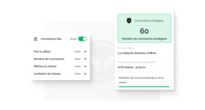 Une fenêtre contextuelle indique que les connexions SSL sont activées, à côté d’une autre montrant que 60 connexions sont protégées avec 2,4 milliards d’articles chiffrés.