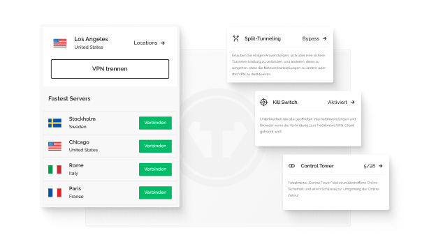 Ein VPN-Popup-Fenster zeigt, dass die Person mit einem Server in Los Angeles verbunden ist. Daneben befinden sich Popups mit dem Titel „Split Tunneling“ mit dem Text: „Erlauben Sie einigen Anwendungen, eine Verbindung über einen sicheren Tunnel herzustellen, während andere diesen umgehen können, ohne die Netzwerkeinstellungen zu ändern oder das VPN zu deaktivieren“, ein Popup mit dem Titel „Kill Switch“ mit dem Text: „Beenden Sie alle geöffneten Internetanwendungen und Browser, wenn die Verbindung zum Tweaknews-VPN-Client unterbrochen wird“, und ein Popup mit dem Titel „Control Tower“ mit dem Text: „Tweaknews Control Tower bietet unvergleichliche Online-Sicherheit und eine Möglichkeit zur Umgehung der Online-Zensur.“