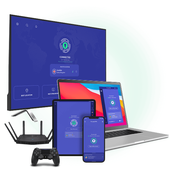 A series of devices, TV, laptop, tablet, cellphone, Playstation controller, and router. All the ones with screens show the PrivadoVPN app.
