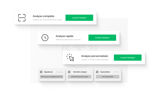 Une série de fenêtres contextuelles montrant les différents types d’analyse disponibles avec l’antivirus de Tweaknews, y compris Signatures, Dernière analyse et Quarantaine.