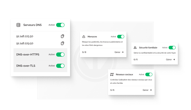 Une fenêtre contextuelle indiquant que les serveurs DNS ont été activés. Trois autres fenêtres montrent que les protections contre les menaces, la sécurité familiale et les protections sociales sont activées.