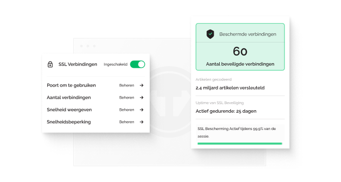 Een popup toont dat SSL-verbindingen zijn ingeschakeld, naast een andere die laat zien dat 60 verbindingen worden beschermd met 2,4 miljard versleutelde artikelen.