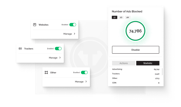 A popup box showing 74,786 ads blocked by the Tweaknews ad blocker. It has three other boxes showing that website ad blocking, ad tracker blocking, and ad blocking non-websites are enabled.