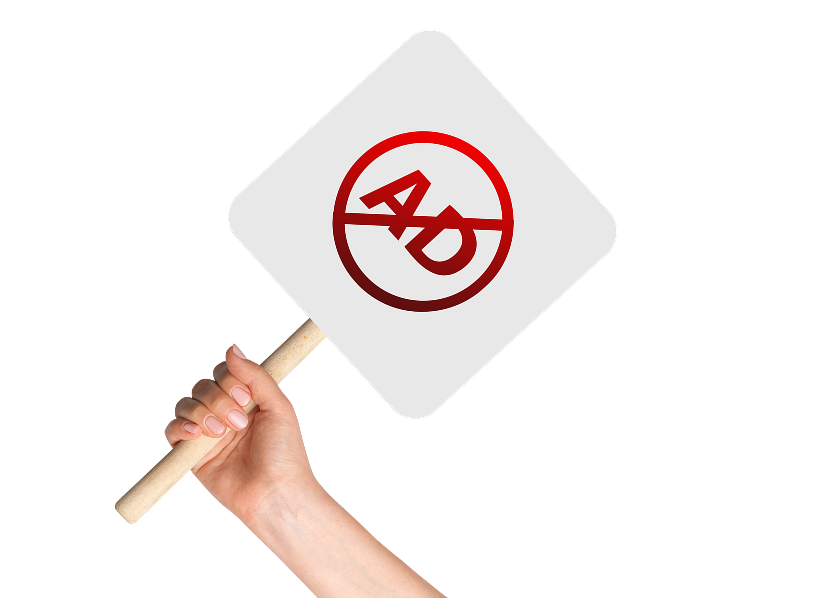 A hand is holding a protest sign that has the word “Ad” inside of a “no” symbol. Behind it is a popup showing speed going from 0 to 100, one showing 74,786 ads blocked, and one showing Ad Blocker is enabled.