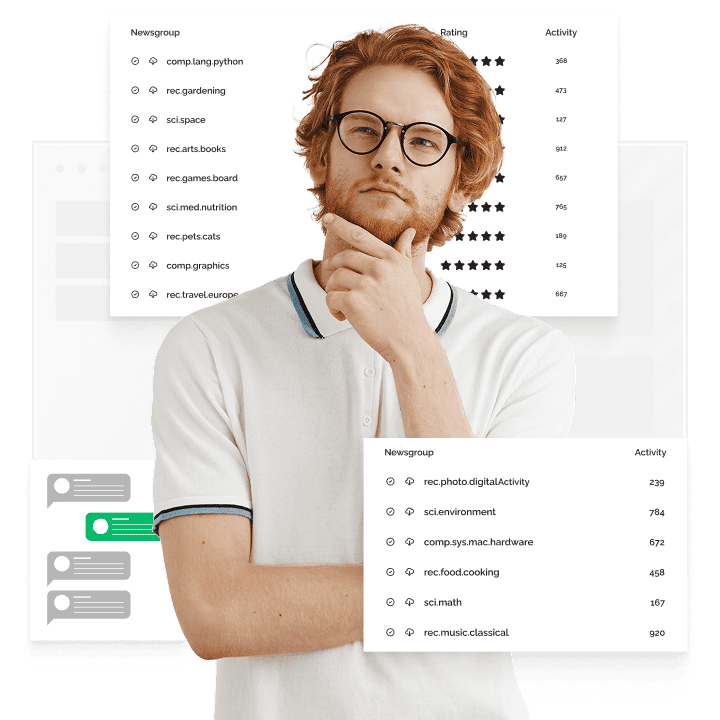 A man with red hair and a beard is holding his hands near his chin, curious about what newsgroups are. He is surrounded by various popups with examples of newsgroups.