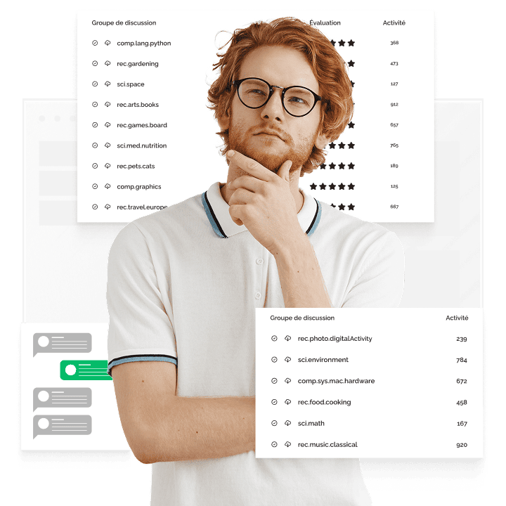 Un homme aux cheveux roux et à la barbe tient ses mains près de son menton, curieux de savoir ce que sont les groupes de discussion. Il est entouré de diverses fenêtres contextuelles montrant des exemples de groupes de discussion.