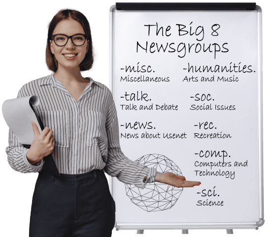 A woman wearing a blue and white vertically striped shirt is standing in front of a whiteboard that explains the Big 8 Usenet Hierarchies.
