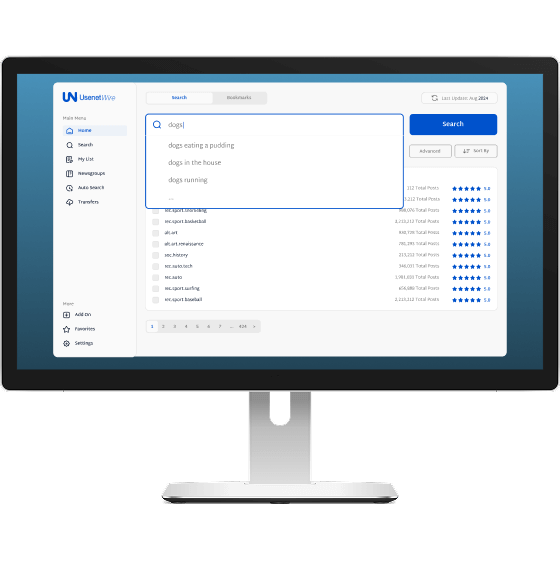 A search window is showing somebody on a desktop monitor searching for “dogs”. There are several newsgroups listed below it.