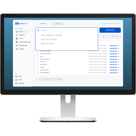 Une fenêtre de recherche montre une personne sur un écran d’ordinateur de bureau cherchant “dogs”. Plusieurs groupes de discussion sont affichés en dessous.