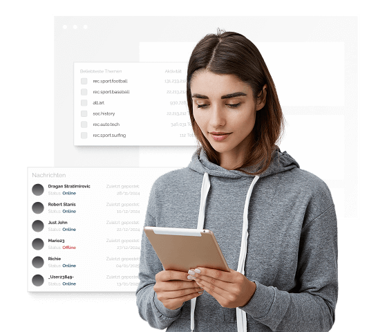 Eine Frau in einem grauen Hoodie führt Usenet-Diskussionen auf ihrem Tablet.