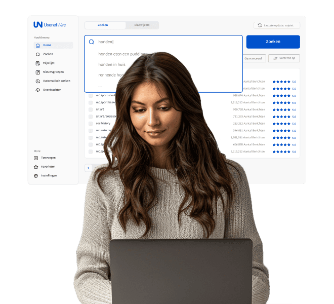 Een vrouw met lang bruin haar in een trui geniet van het gebruiksgemak van de vooraf geconfigureerde UsenetWire-nieuwslezer. Op de achtergrond is een Usenet-zoekpagina te zien.