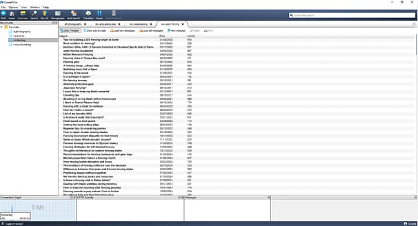 An image of the newsgroup bookmark screen. The rec.sport.fencing newsgroup is up and there are a lot of articles being shown from there.