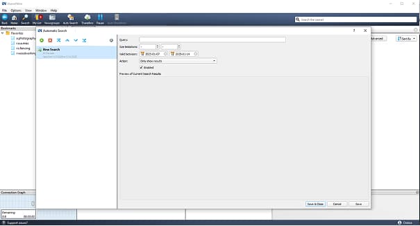 An image of the window in UsenetWire that allows you to schedule searches.