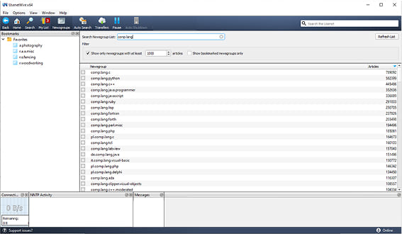 An image of the Usenet search screen in UsenetWire showing somebody searching for comp.lang and a number of results.