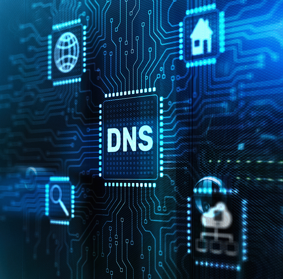 A closeup of a circuit board highlighted in neon blue with several icons embedded in it. In the center is an icon that reads “DNS”.