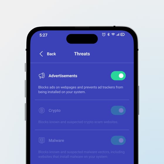 An image of the Control Tower Threats screen showing that Advertisements, Crypto, and Malware are active.