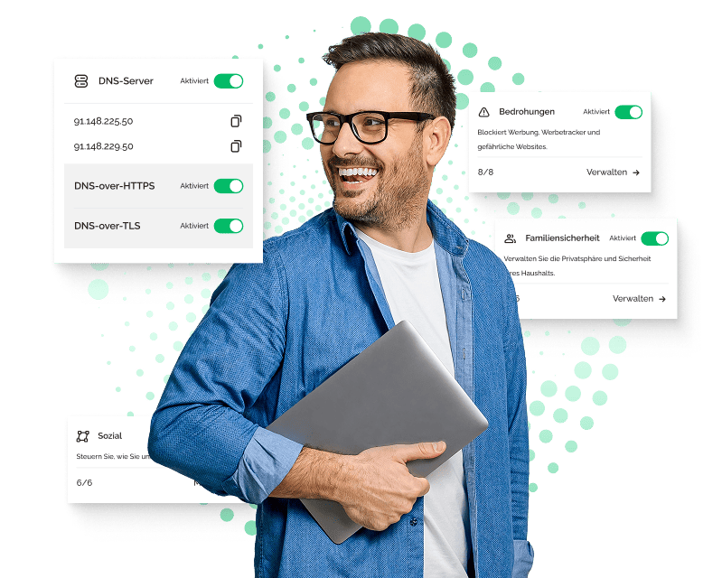 Ein Mann lächelt und schaut über seine Schulter. Er ist von Popup-Fenstern umgeben, die anzeigen, dass DNS-Server, Bedrohungen, Familiensicherheit und sozialer Schutz aktiviert sind.