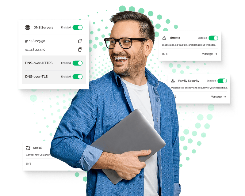 A man is smiling and looking over his shoulder. He is surrounded by popup boxes that indicate that DNS servers, Threats, Family Security, and Social protections are enabled.