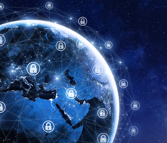 An image of the Earth from space surrounded by a matrix of white lines with white locks at some of the vertices.