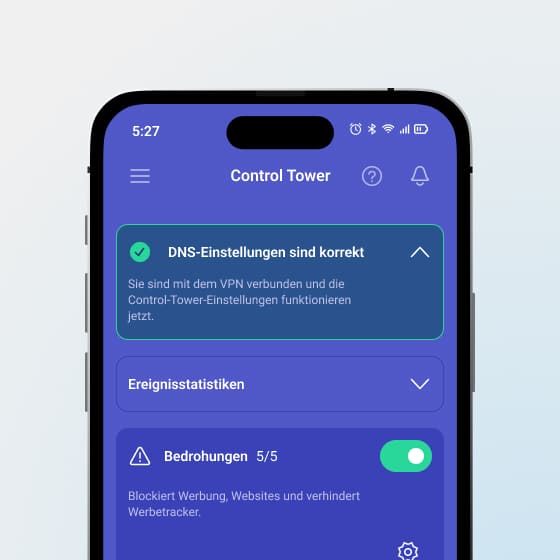 Hauptbildschirm von Control Tower, der zeigt, dass die DNS-Einstellungen korrekt sind und der Bedrohungsschutz aktiviert ist.