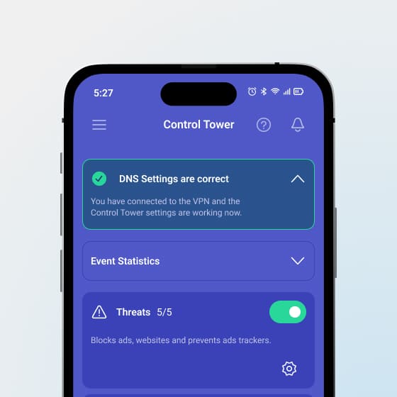 Control Tower main screen showing that DNS Settings are correct and Threats protection are turned on.