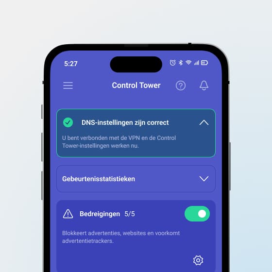 Hoofdscherm van Control Tower waarop te zien is dat de DNS-instellingen correct zijn en de Bedreigingsbescherming is ingeschakeld.