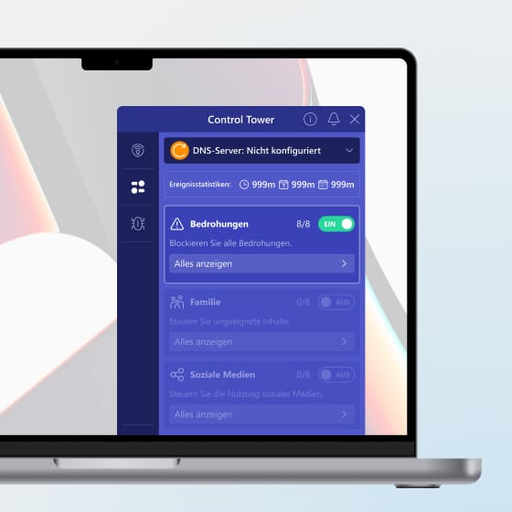Hauptbildschirm von Control Tower, der zeigt, dass der DNS-Server nicht konfiguriert ist und der Bedrohungsschutz aktiviert ist.