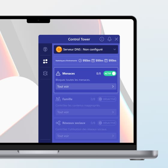 Écran principal de Control Tower indiquant que le serveur DNS n’est pas configuré et que les protections contre les menaces sont activées.