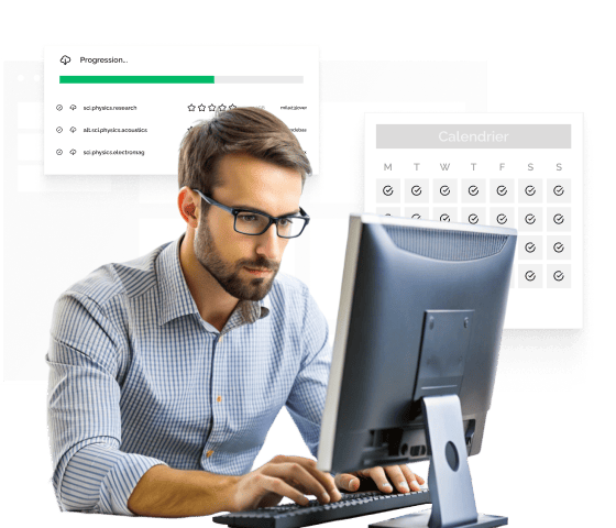 Un homme portant des lunettes tape sur un ordinateur de bureau. Une fenêtre contextuelle montre une barre de progression, avec un calendrier en arrière-plan.