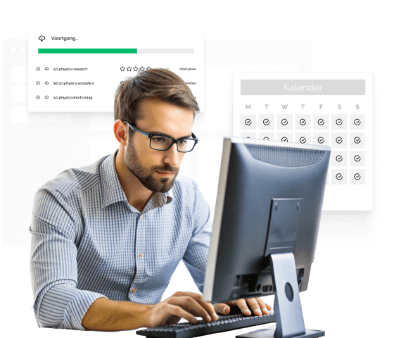 Een man met een bril typt op een desktop. Op het scherm is een voortgangsbalk te zien en achter hem hangt een kalender.