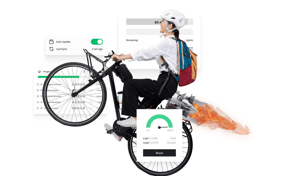 A woman with a blue, yellow, and red backpack is riding a bicycle with a rocket engine on the back. She is surrounded by popup windows indicating high speeds and completion rates.