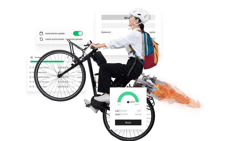 Een vrouw met een blauw-gele-rode rugzak rijdt op een fiets met een raketmotor achterop. Ze wordt omringd door pop-ups die hoge snelheden en voltooiingspercentages aangeven.