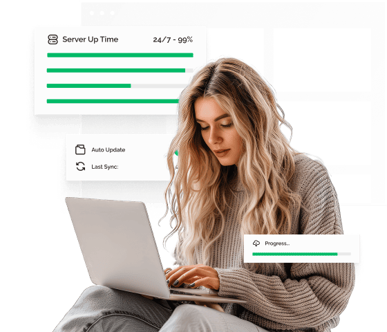 A woman with messy hair is working on a laptop. Behind her is a popup box with Server Up Time and another indicating an auto update. In front of her is a progress bar.